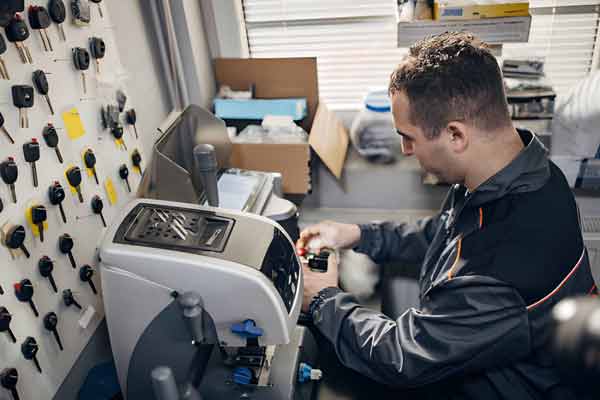 Technician operating a vehicle key-cutting machine