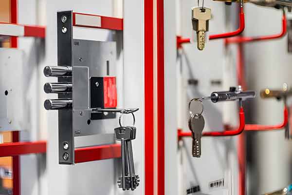 Door edge showing lock and cylinder hardware
